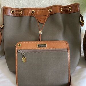 Dior Taupe Canvas Tote with Tan Leather Trim and Pouch
